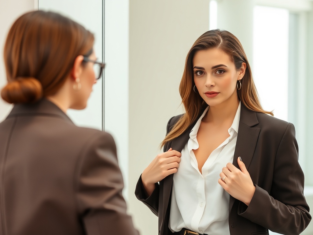 woman doing quick mirror outfit check, adjusting blazer, confident posture