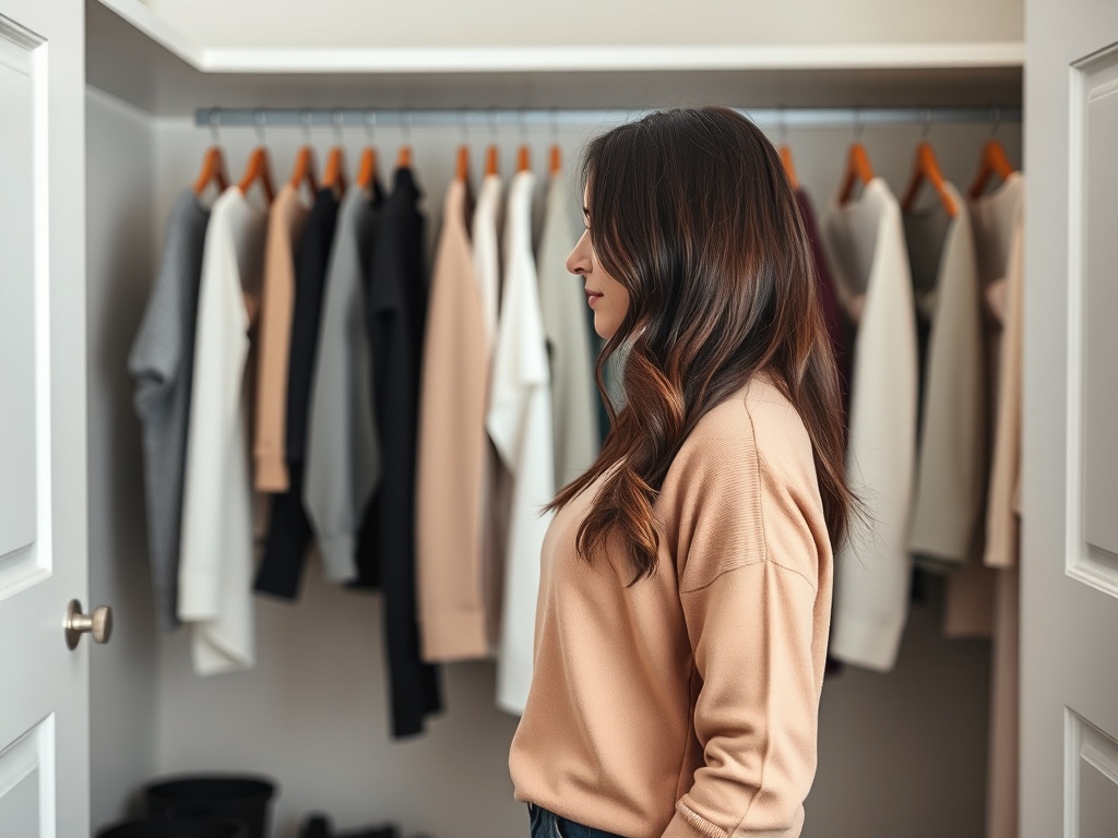 woman standing in front of a simple organized closet with neutral clothing, morning light, calm focused mood