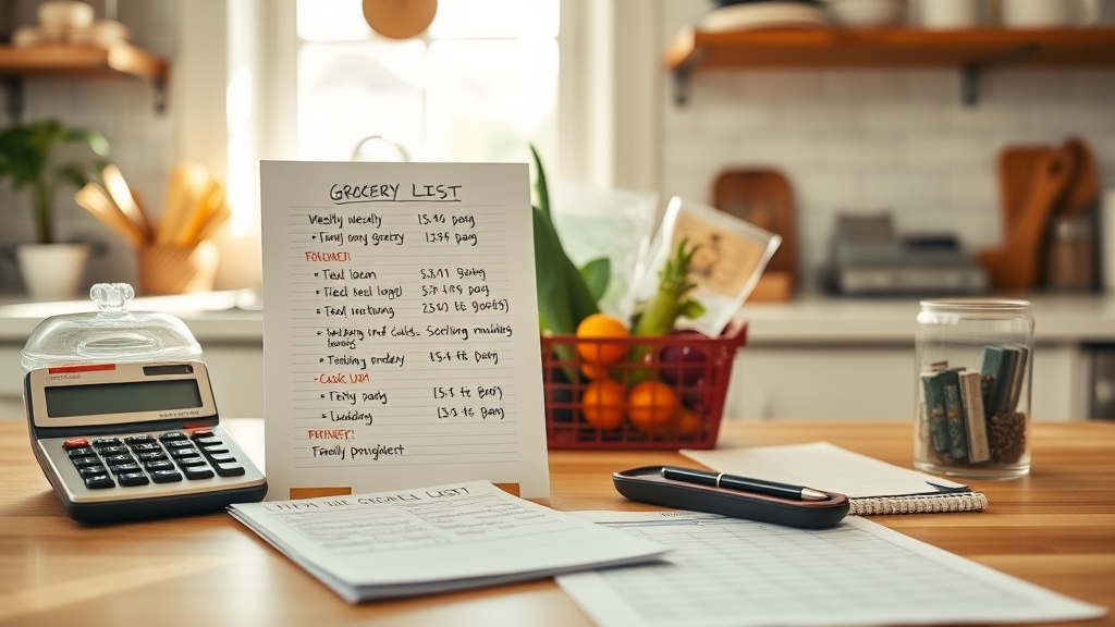 Handwritten weekly grocery list, calculator, and budgeting spreadsheet on a sunny kitchen counter
