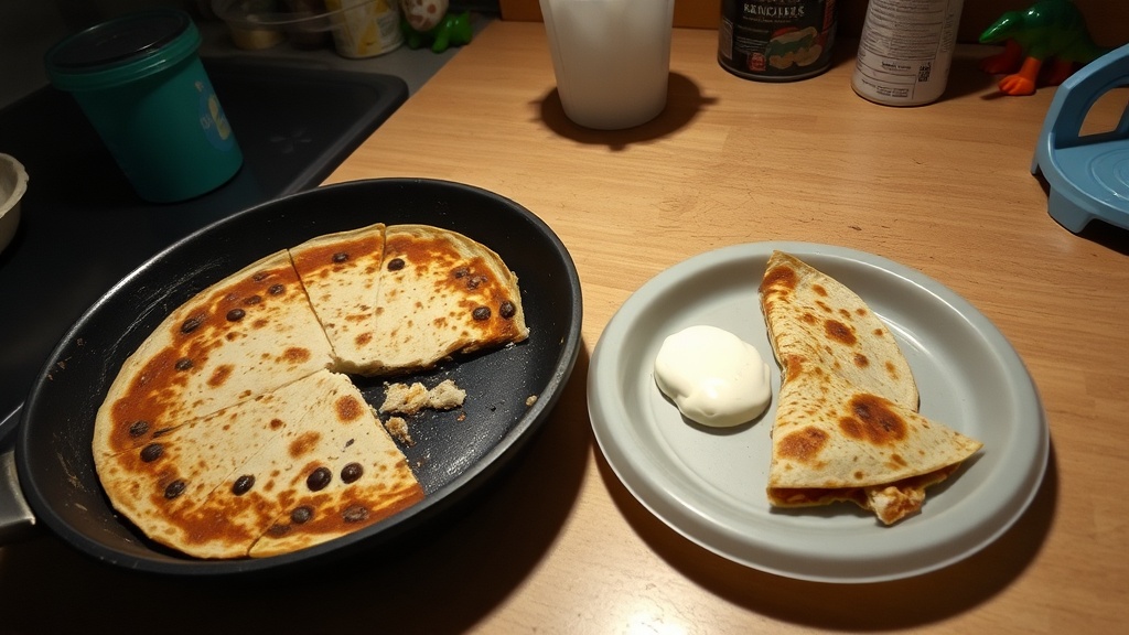 Smashed black bean quesadilla in a skillet next to a kid's plastic plate with sour cream, with a messy kitchen background featuring a sippy cup and a dinosaur toy.
