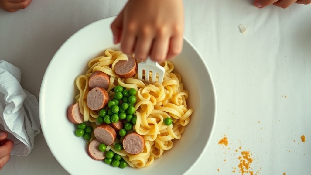 An overhead view of a chaotic family dinner table with a white bowl of buttered egg noodles, peas, and sliced turkey sausage, with a child reaching in with a plastic fork.
