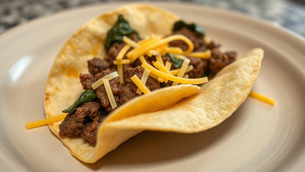 A single hard-shell beef taco on a plain plate, with finely chopped spinach visibly mixed into the taco meat, topped with cheddar cheese.