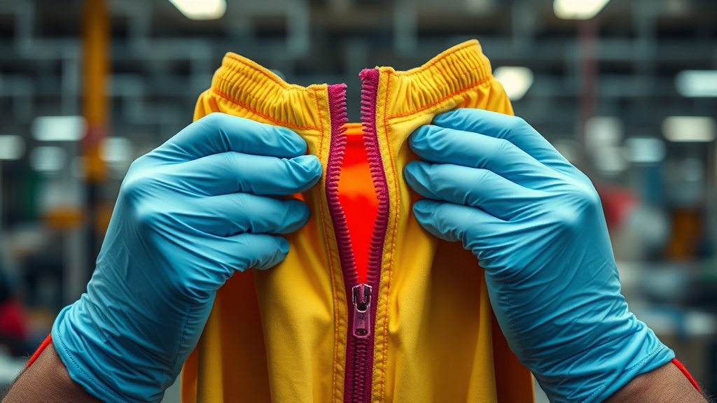Close-up of hands wearing warehouse gloves holding a cheap, brightly colored garment with a crooked zipper and fraying seams.