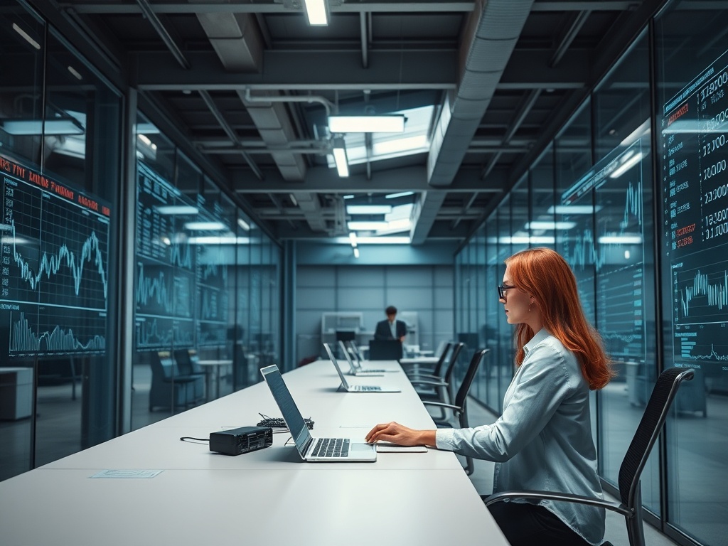 a minimalist industrial workspace with financial charts on glass walls, a woman analyzing data with sharp focus, muted tones, architectural lighting