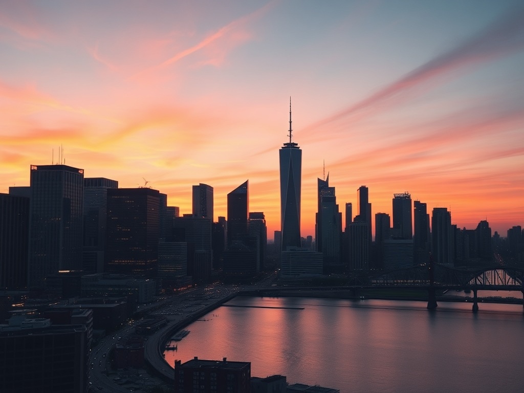 city skyline at dusk symbolizing business growth, sharp lines, minimal color palette, modern architectural perspective