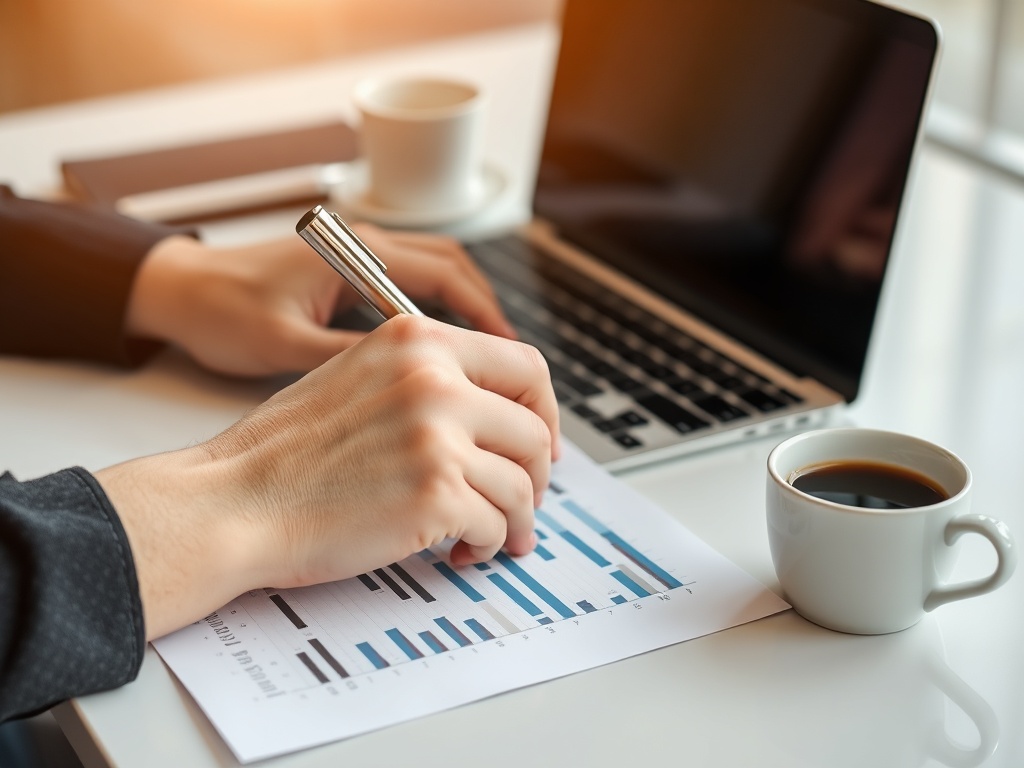 close-up of hands marking financial projections on paper, coffee beside laptop, clean modern office aesthetic