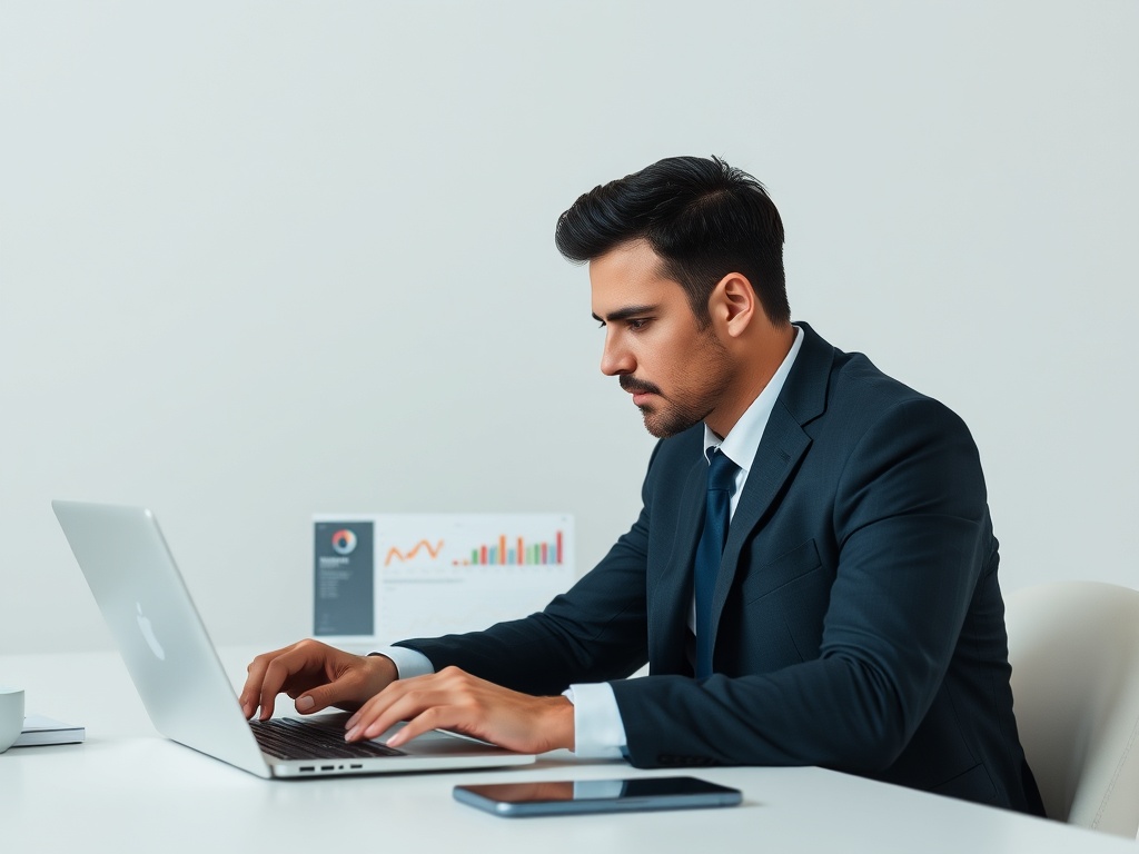 executive reviewing financial dashboard on laptop, minimalist office, focused expression, modern data interface