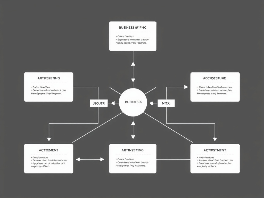 architectural blueprint style diagram of business systems, clean lines, structured workflow visualization, monochrome aesthetic