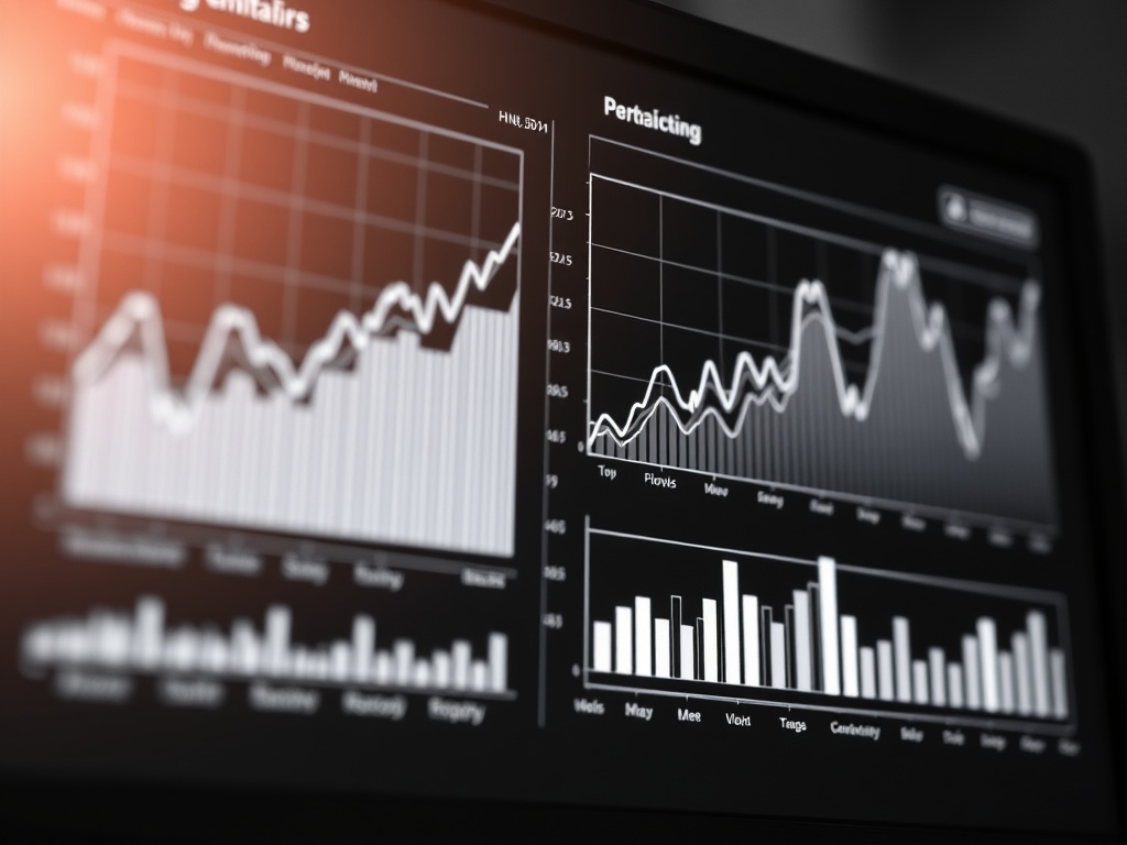 clean financial dashboard graphs on screen, sharp lines, high contrast black and white, focus on metrics and clarity