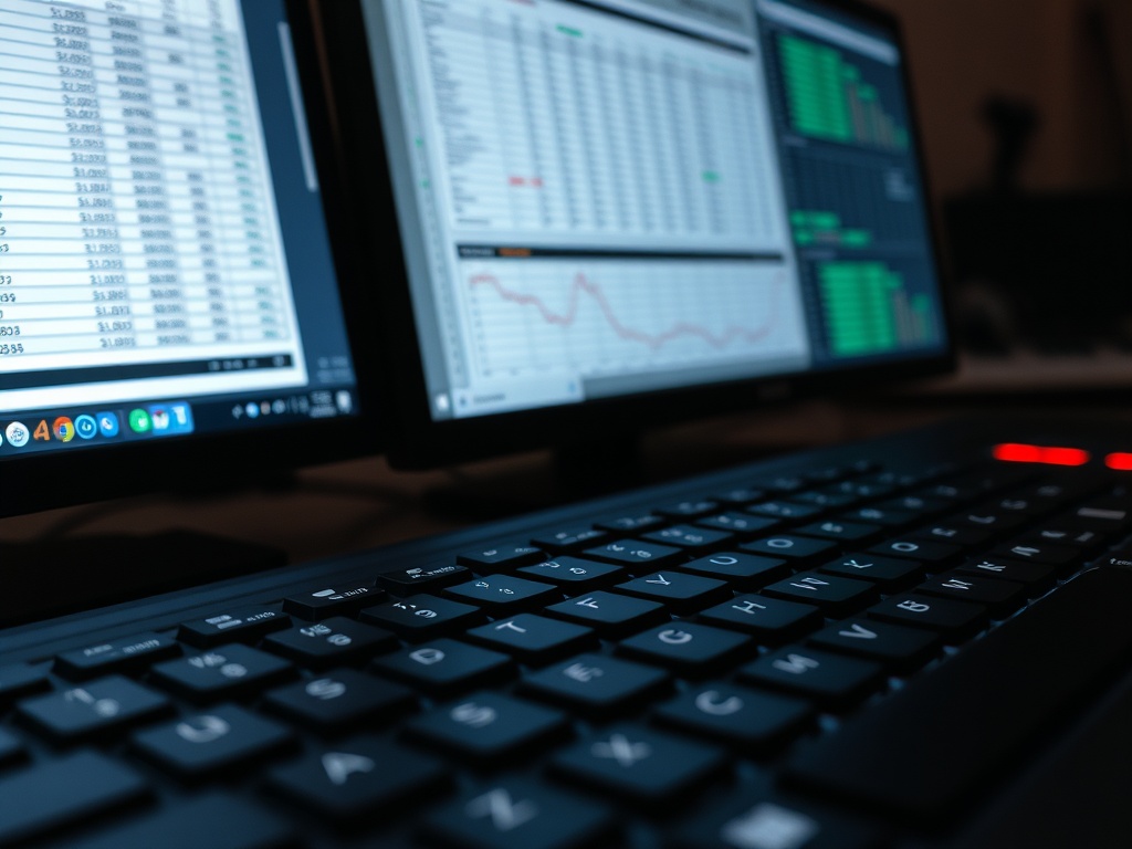 close-up of mechanical keyboard, spreadsheets on screen, financial modeling late night work, focused minimal aesthetic