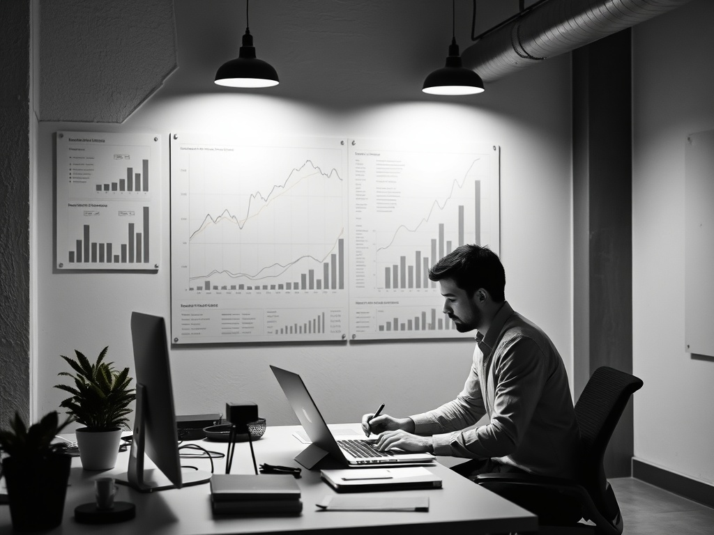 high contrast minimalist office with financial charts on wall, founder analyzing numbers late at night, industrial loft setting