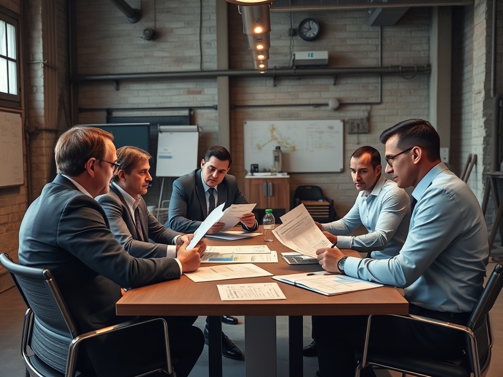 industrial style meeting room with small executive team reviewing financial documents, serious focused atmosphere