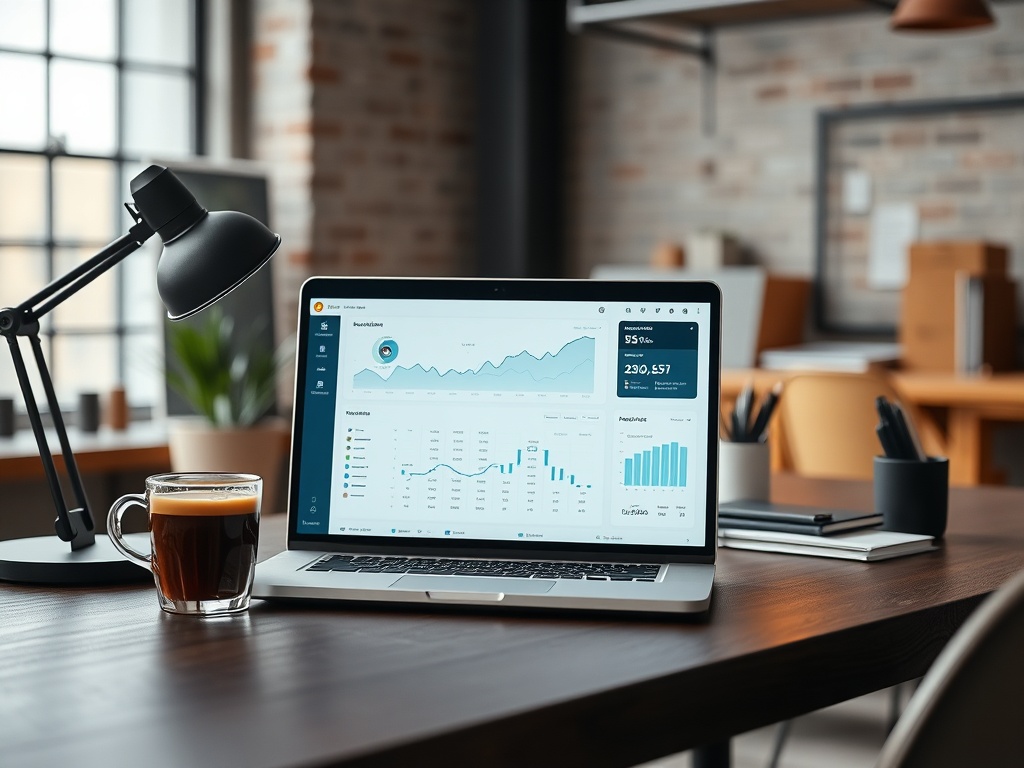 minimalist desk with espresso, laptop showing clean financial dashboard, organized workspace, industrial loft lighting