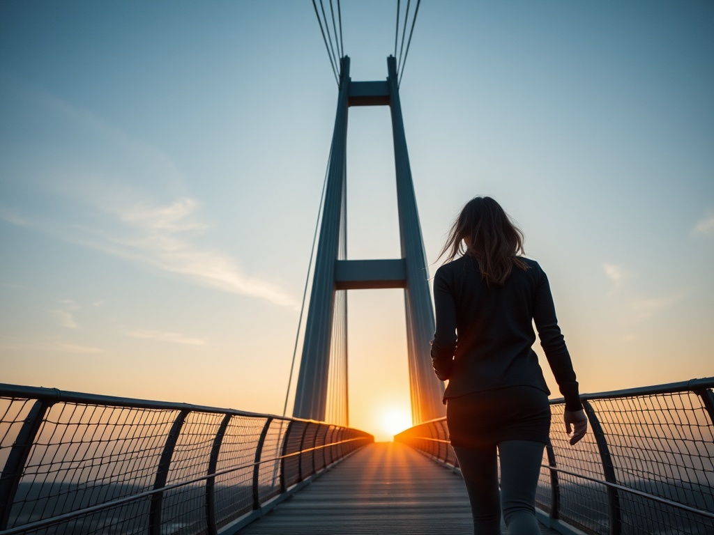 woman walking across large suspension bridge at sunrise, focused expression, symbolic of strategic thinking and long-term vision