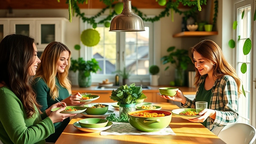 Eco-friendly St. Patrick's Day celebration with reusable green decorations, compostable plates, and plant‑based Irish stew in a bright kitchen