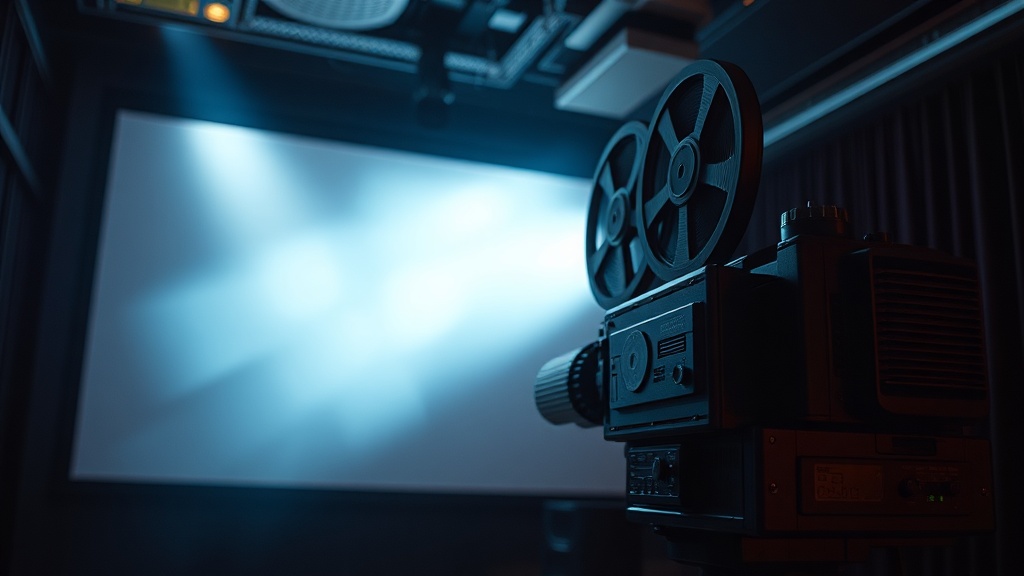 Projection booth with 35mm gears running a frame sync chart.
