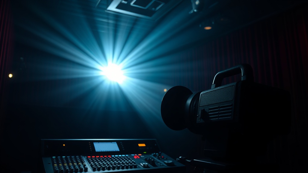 A projection booth operator checks audio meters while a movie plays on screen