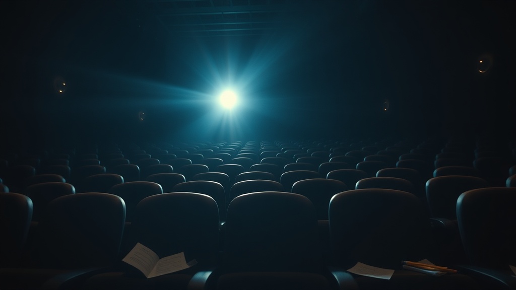 Empty theater seats with comment cards scattered among them, a projector beam cutting through the dark
