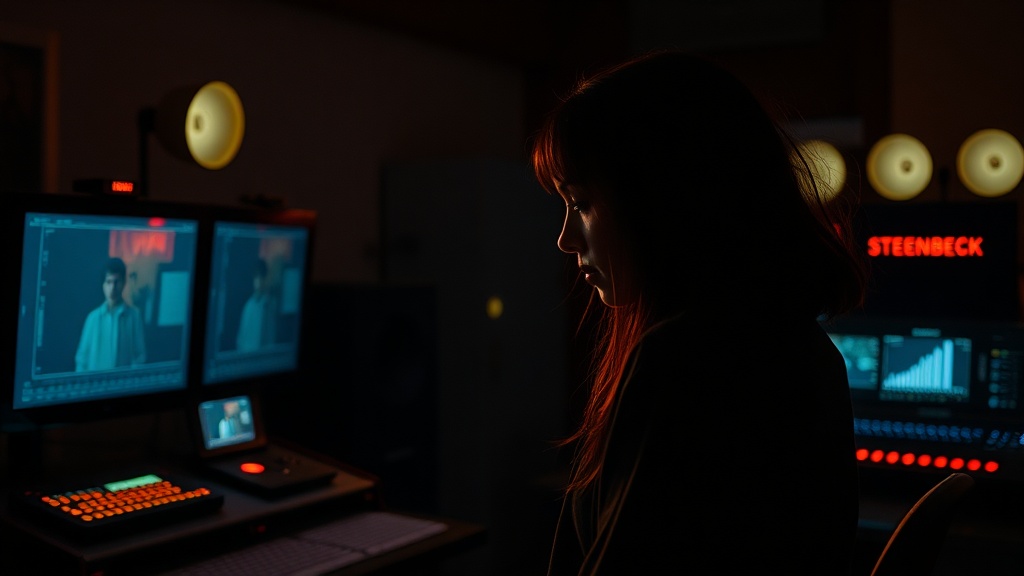 A female film editor working intensely in a dimly lit editing room with monitors and a flatbed editor.