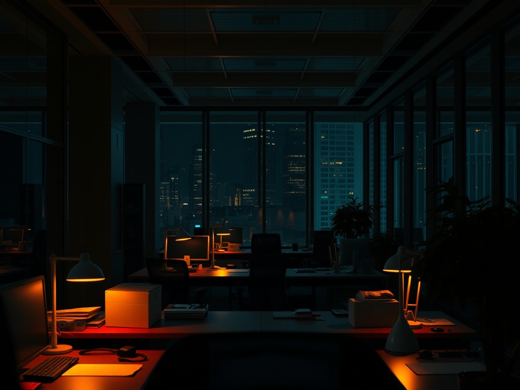 corporate office at night with warm desk lamps and deep shadows, cinematic framing