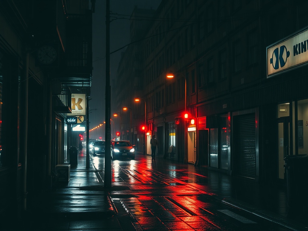 dark rain-soaked city alley with flickering lights and heavy atmosphere