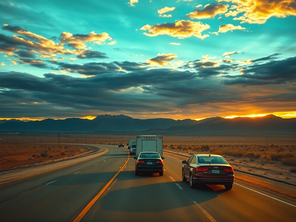 desert highway convoy at sunset with long shadows and dramatic sky