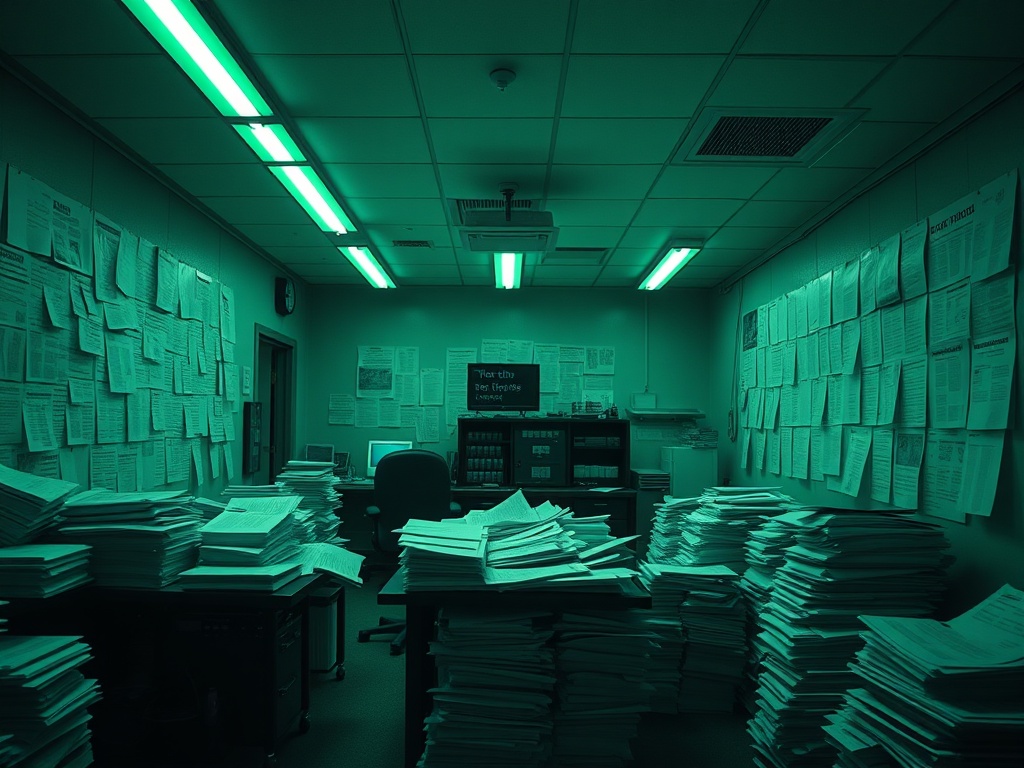 dim newsroom filled with paperwork, greenish fluorescent lighting, investigative mood