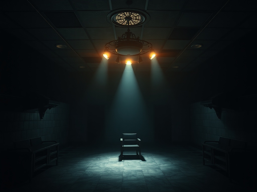dimly lit interrogation room with harsh overhead lighting, cinematic shadows, tense atmosphere