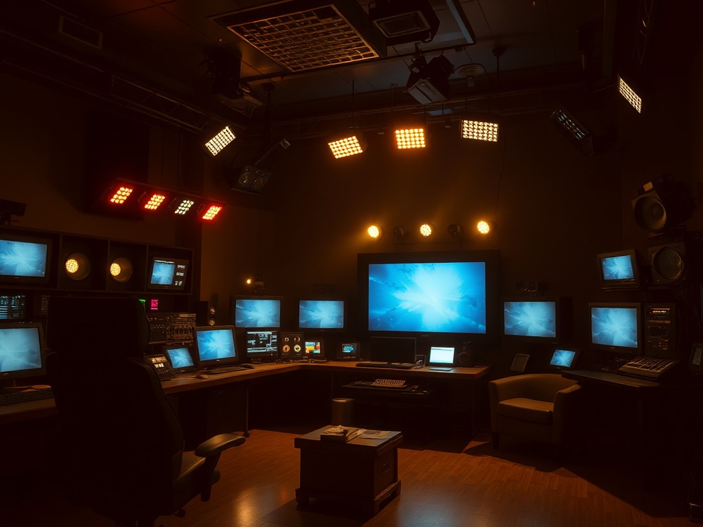 dimly lit television studio control room with glowing monitors and tense mood
