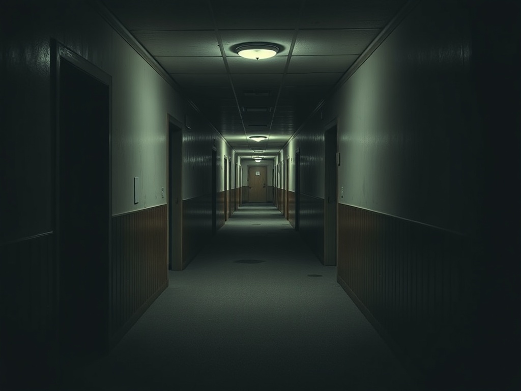 empty motel hallway with harsh lighting and deep shadows, tense atmosphere