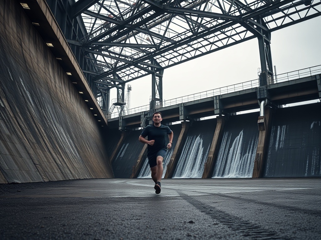 man running through industrial dam structure, wide cinematic shot, overcast lighting