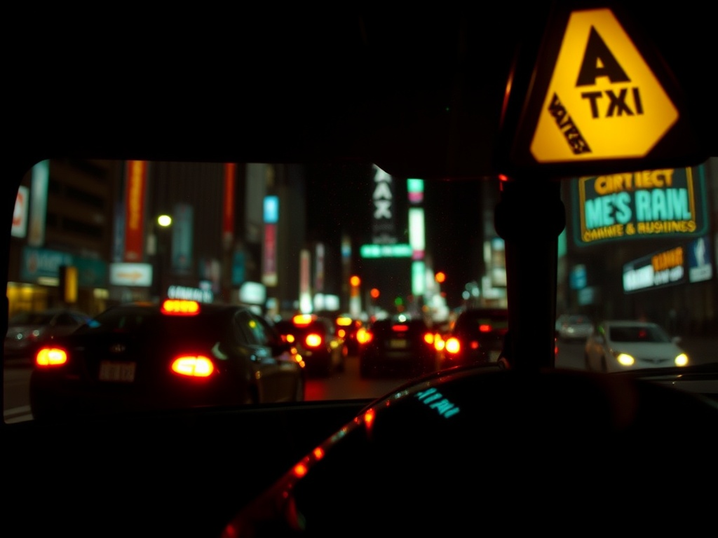 nighttime city taxi interior glowing with neon reflections, cinematic tension