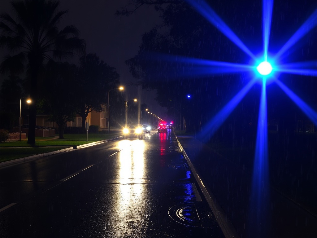 rain-soaked suburban street at night with police lights reflecting on wet pavement