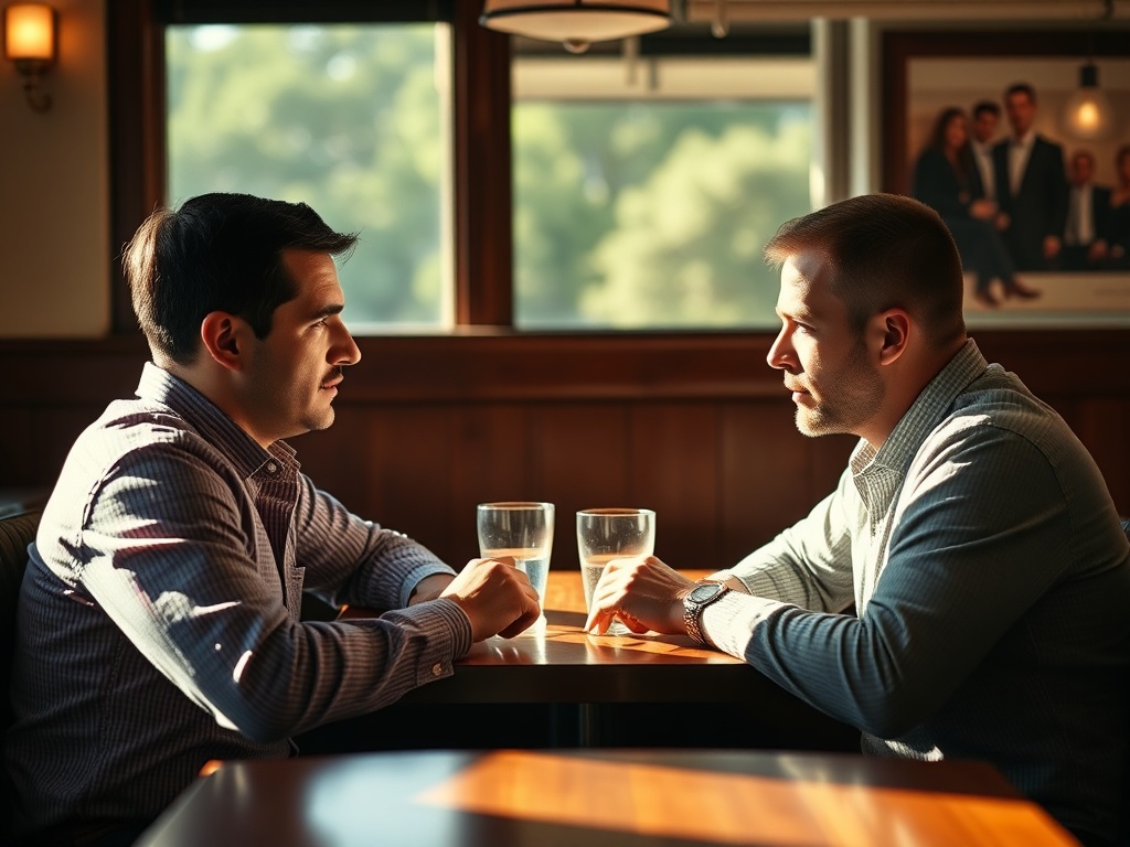 two men sitting across from each other in a quiet diner, natural lighting, intense eye contact