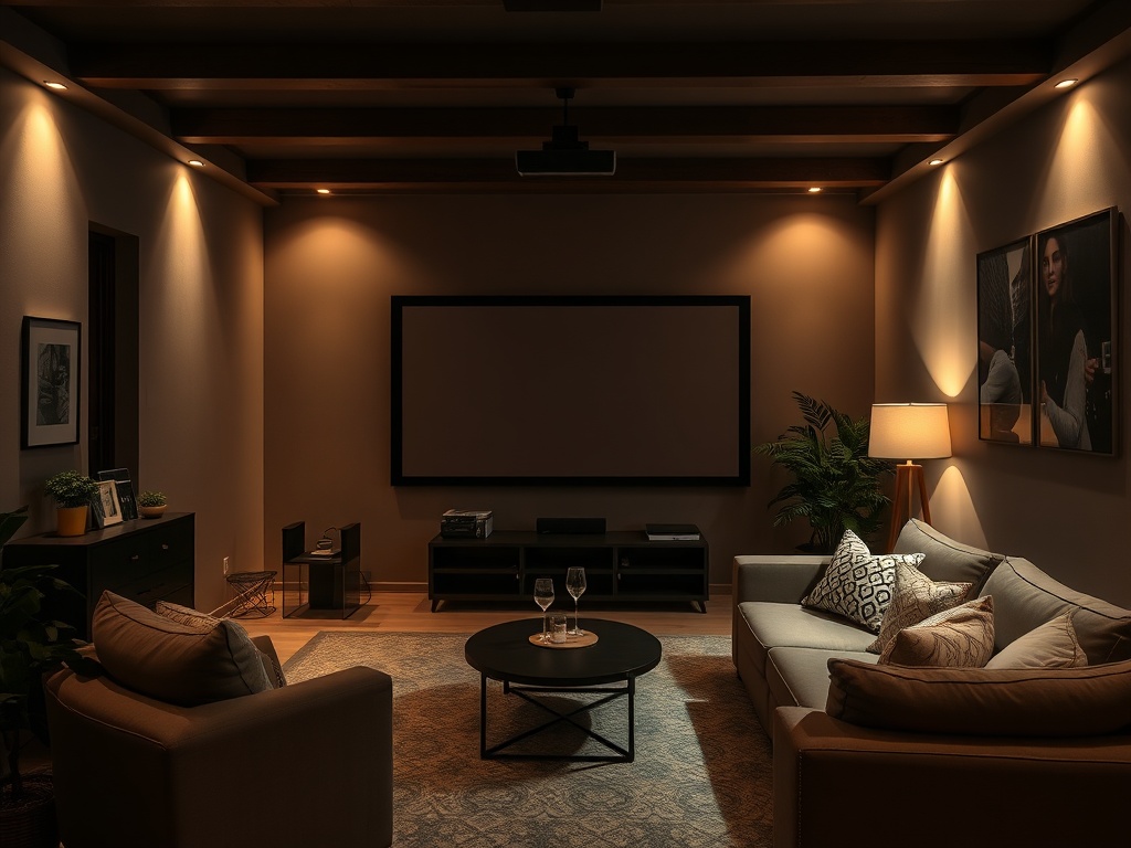 a cozy living room transformed into a dark home theater setup with a large screen, soft ambient glow, and no distractions