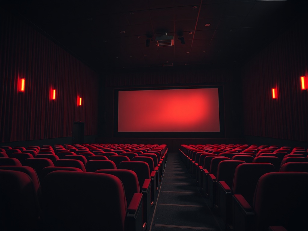 a dimly lit indie movie theater with a glowing screen and empty red seats, cinematic lighting, high contrast shadows