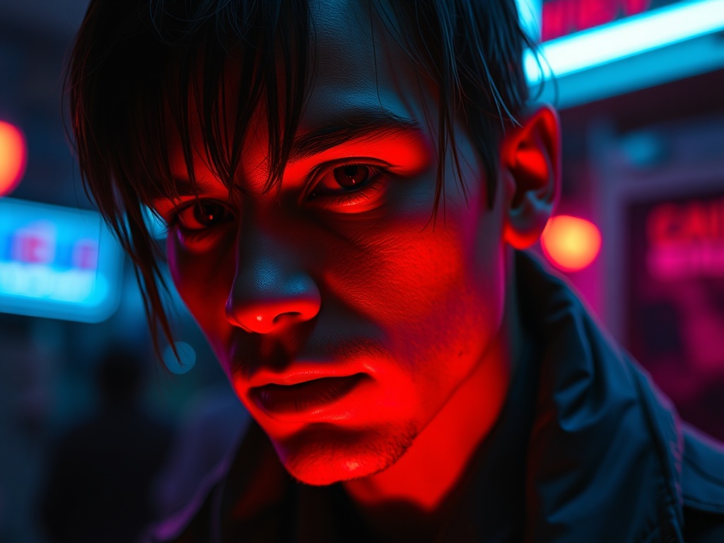 close-up cinematic shot of a character lit by neon lights with strong color contrast creating mood and atmosphere