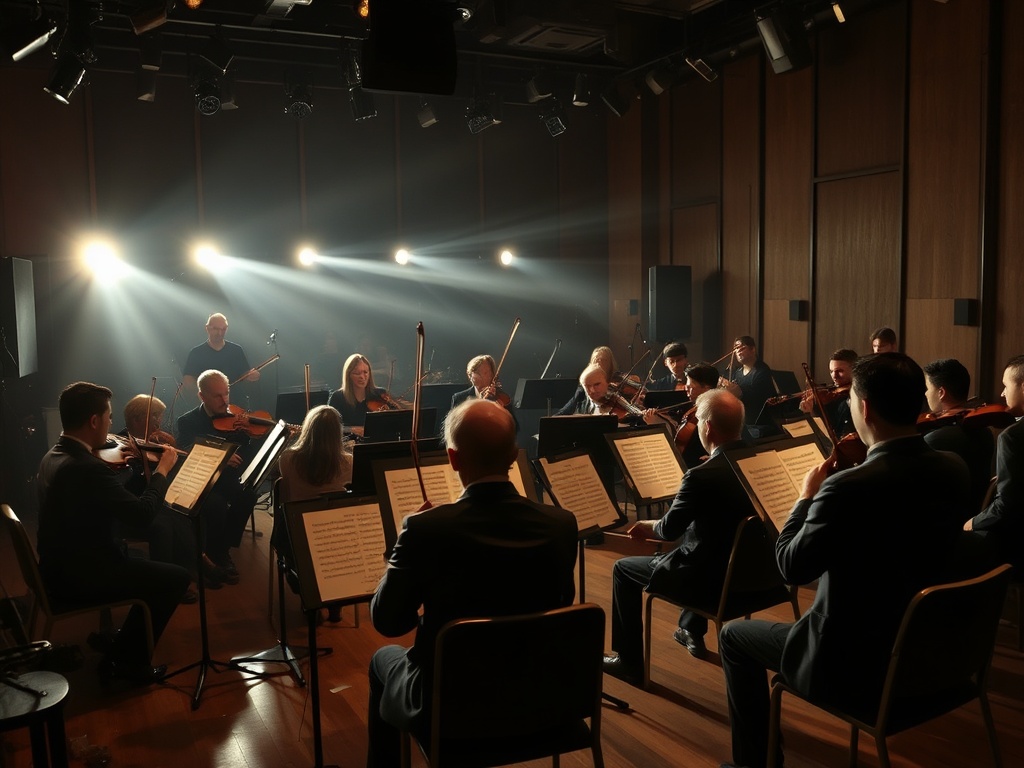 film scoring session with orchestra in a dim studio, musicians playing with emotional intensity, cinematic mood