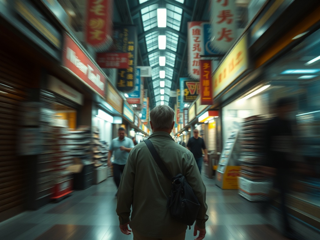 smooth tracking shot of a character walking through a busy environment, cinematic motion blur and depth