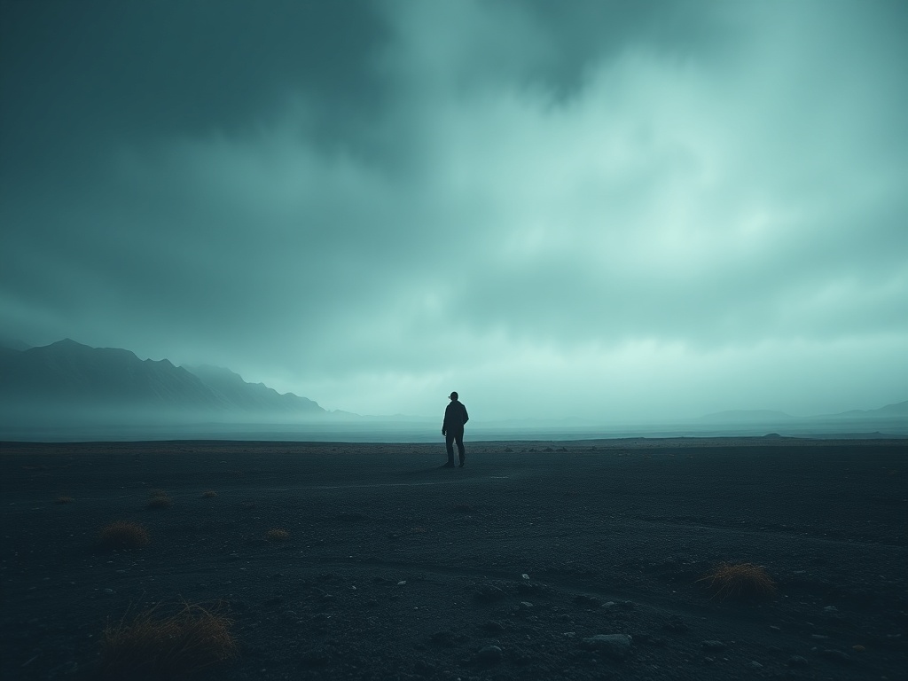 wide cinematic frame showing a lone figure in a vast landscape emphasizing scale and isolation, dramatic lighting