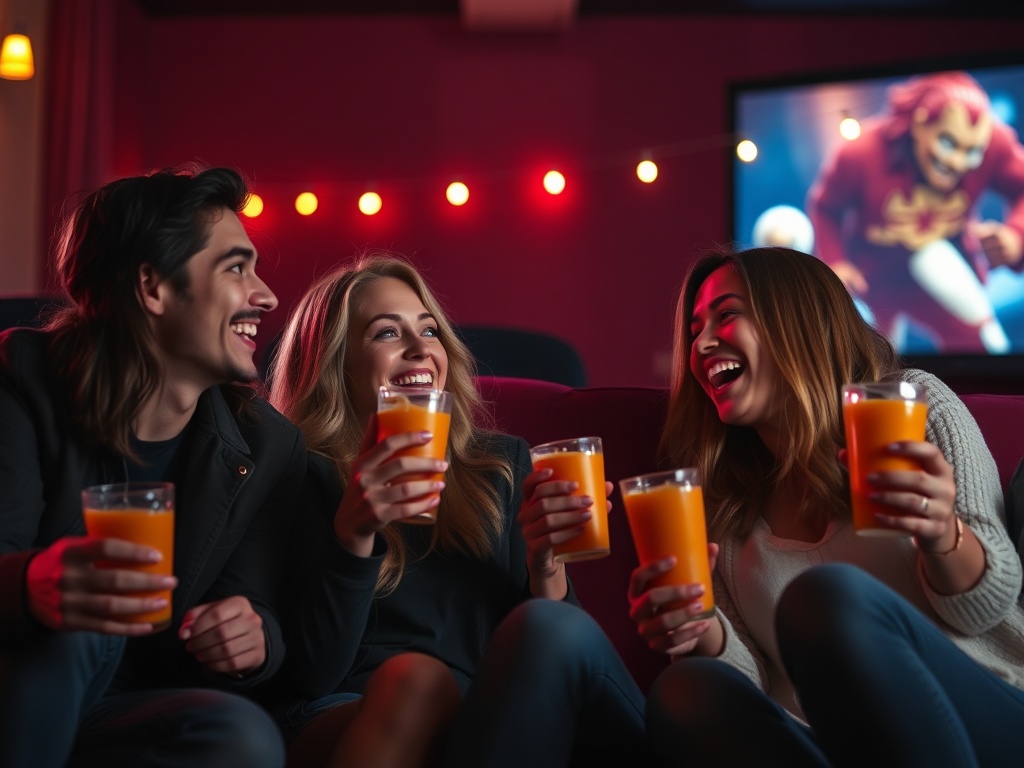casual movie night friends laughing cinematic cozy environment