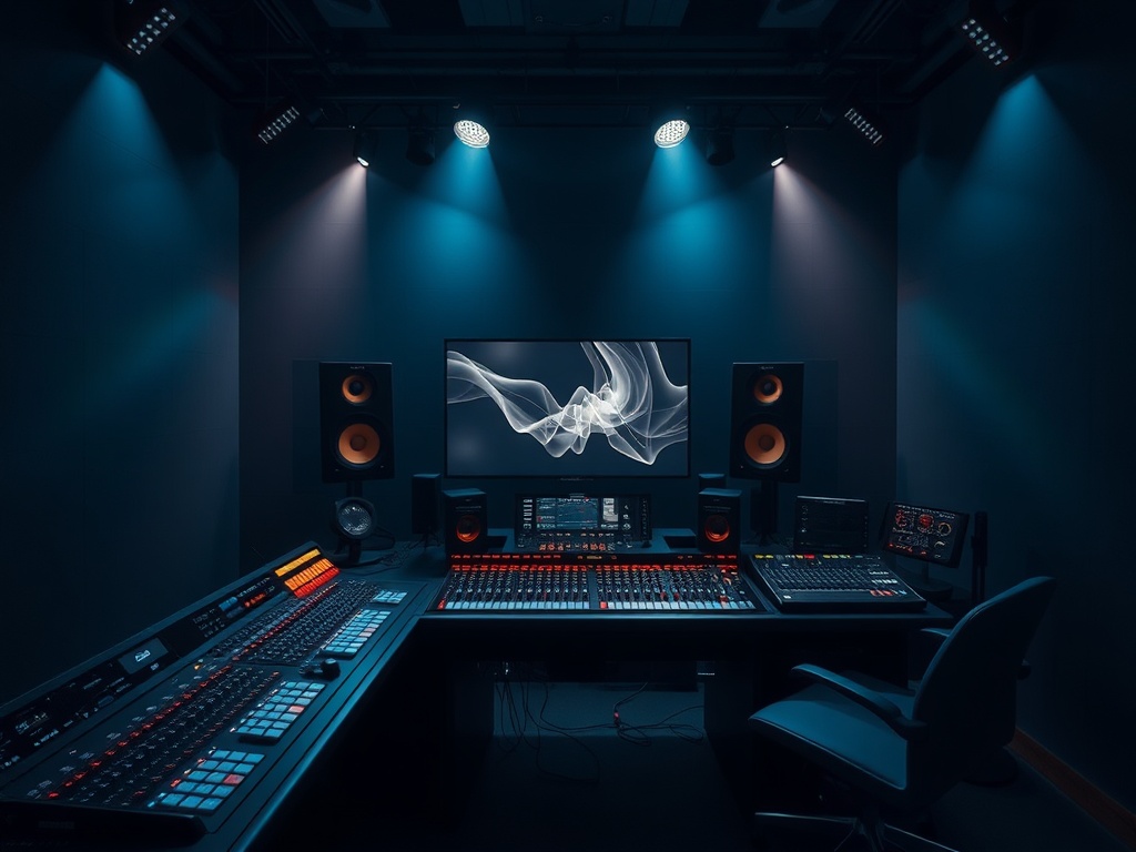film sound mixing studio cinematic audio waves dark environment
