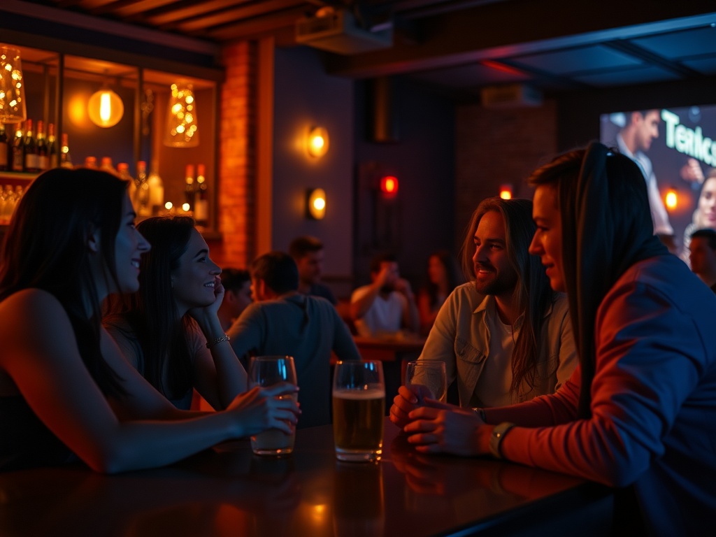 friends discussing movie after screening bar warm lighting cinematic vibe