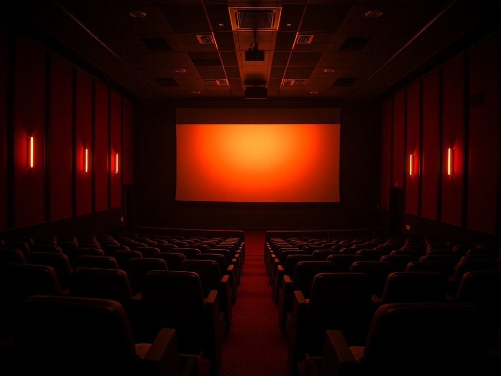 a dimly lit indie movie theater with glowing screen and empty seats, warm projector light beams cutting through dust particles