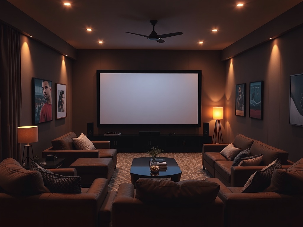 a living room transformed into a home theater with lights dimmed, large screen glowing, cozy seating, cinematic atmosphere