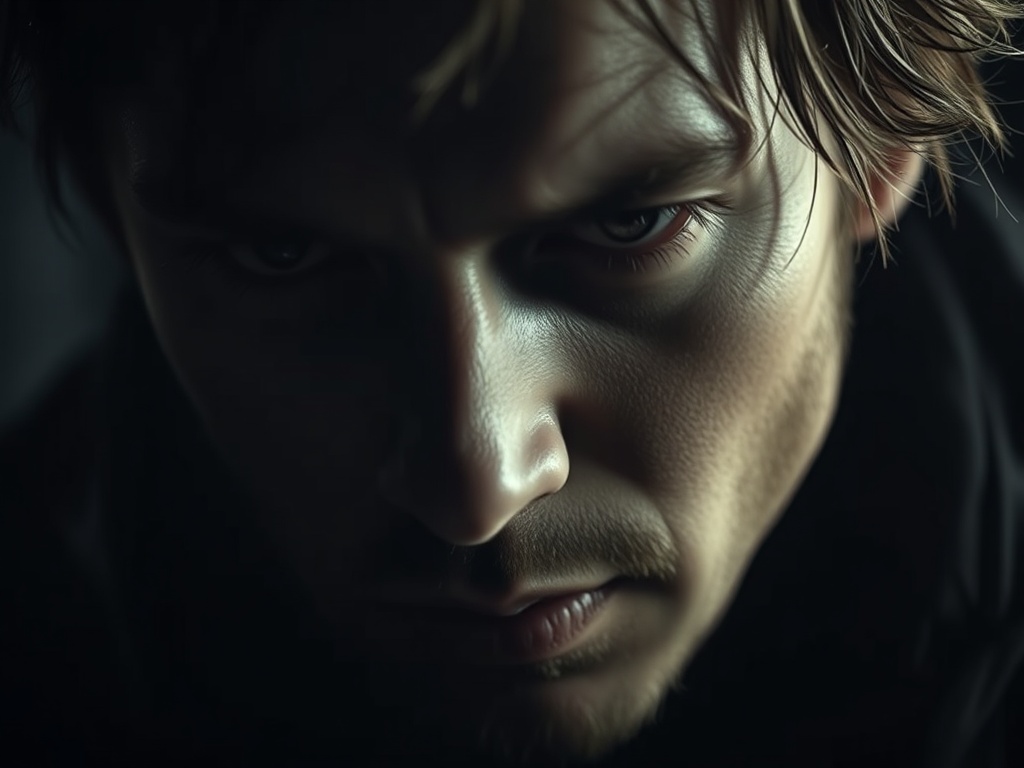 close-up cinematic shot of a character lit by moody lighting, deep shadows and highlights, emotional intensity