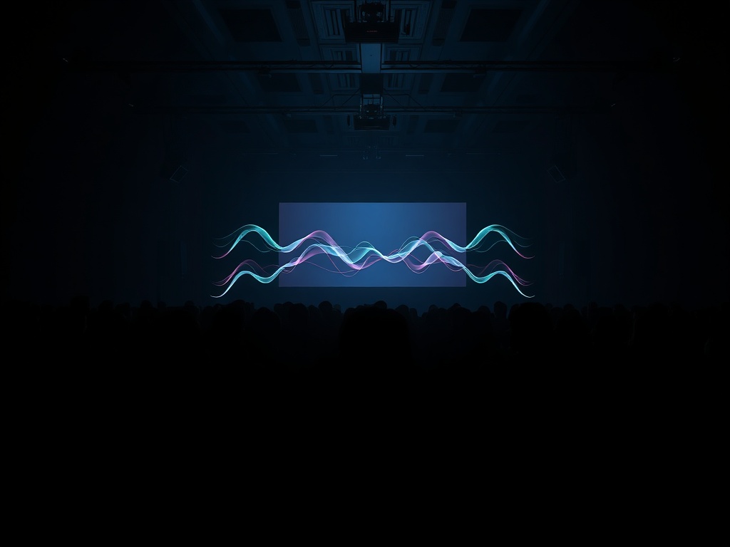 dark cinema with audience silhouettes, immersive surround sound waves visualized, glowing screen