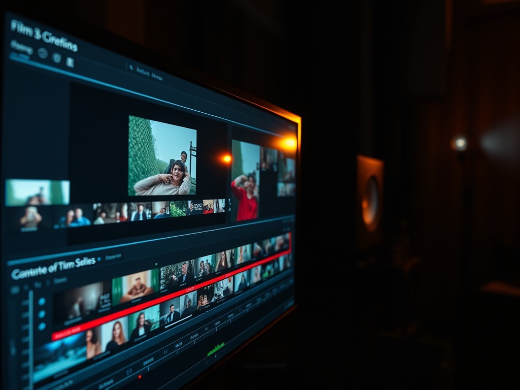 film editing timeline on screen, multiple clips arranged, glowing interface in dark studio