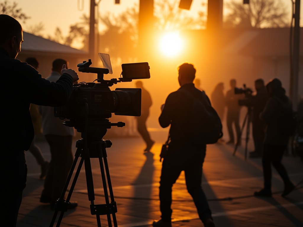 film set with camera dolly movement, crew silhouetted, cinematic composition, golden hour lighting