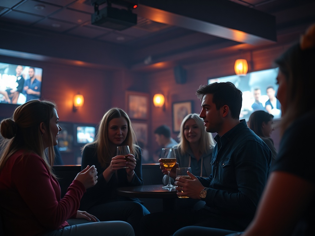 friends discussing a movie in a dim bar after a screening, warm lighting, casual conversation energy